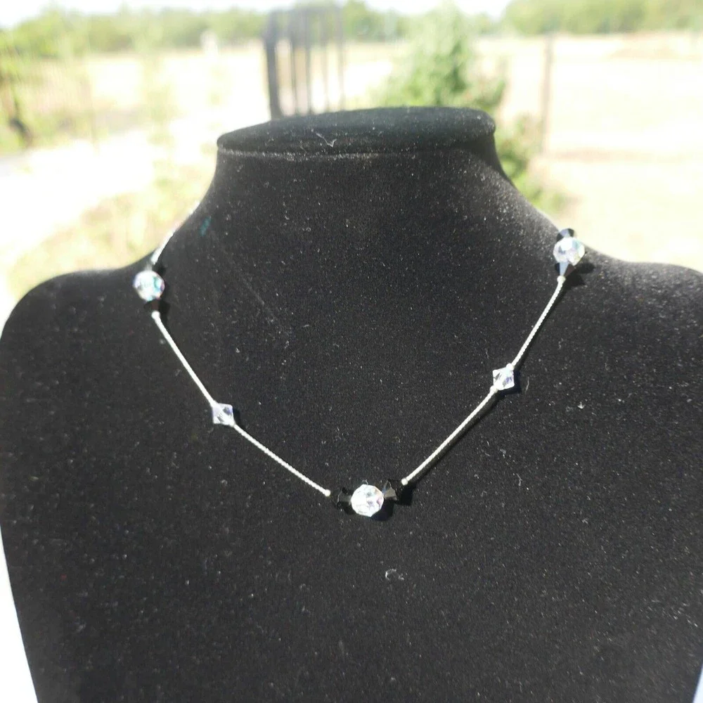 Crystal Aurora Borealis Necklace Black Crystal Silvertone 15 inches long - Picture 2 of 7